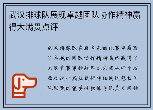 武汉排球队展现卓越团队协作精神赢得大满贯点评