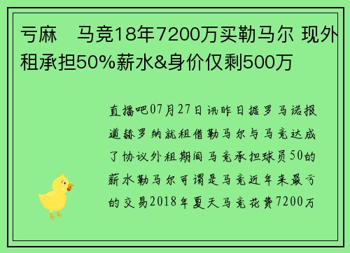 亏麻❗马竞18年7200万买勒马尔 现外租承担50%薪水&身价仅剩500万