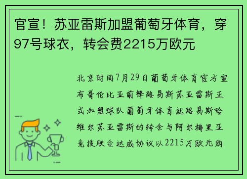 官宣！苏亚雷斯加盟葡萄牙体育，穿97号球衣，转会费2215万欧元